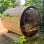 Sauna de madera tradicional para exteriores Saunaones (modelo Barrel Sauna Serenity Nature Air 4)