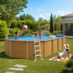 Piscina elevada de acero ovalada OSMOSE, 9,15 x 4,55 x 1,32 m, acabado efecto madera - Imagen 2